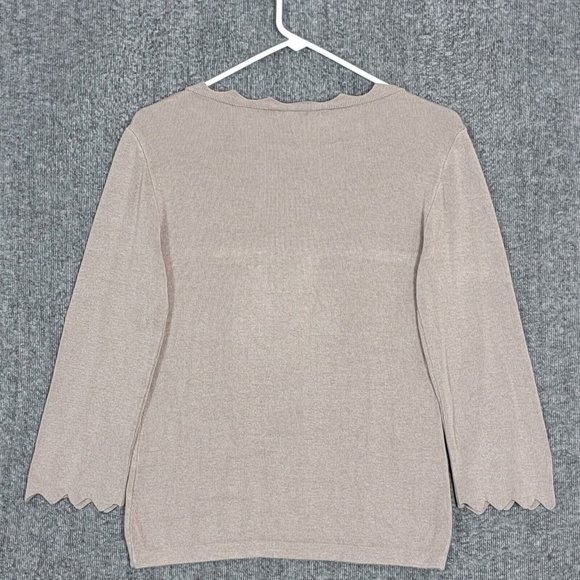 Philosophy Sweater Womens Small Taupe Brown Knit 3/4 Sleeve Scalloped Pullover - Picture 7 of 14
